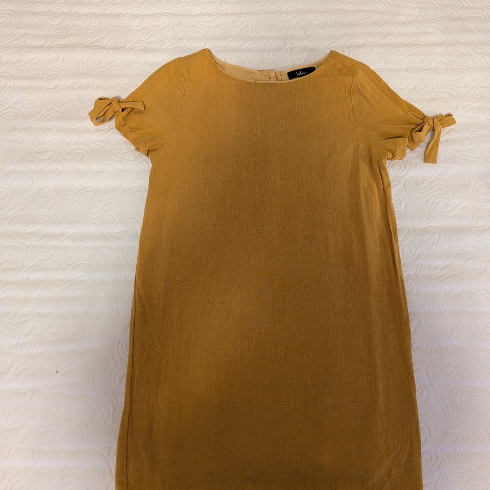 Lulu's Golden Short Sleeve Dress with Bow Accents